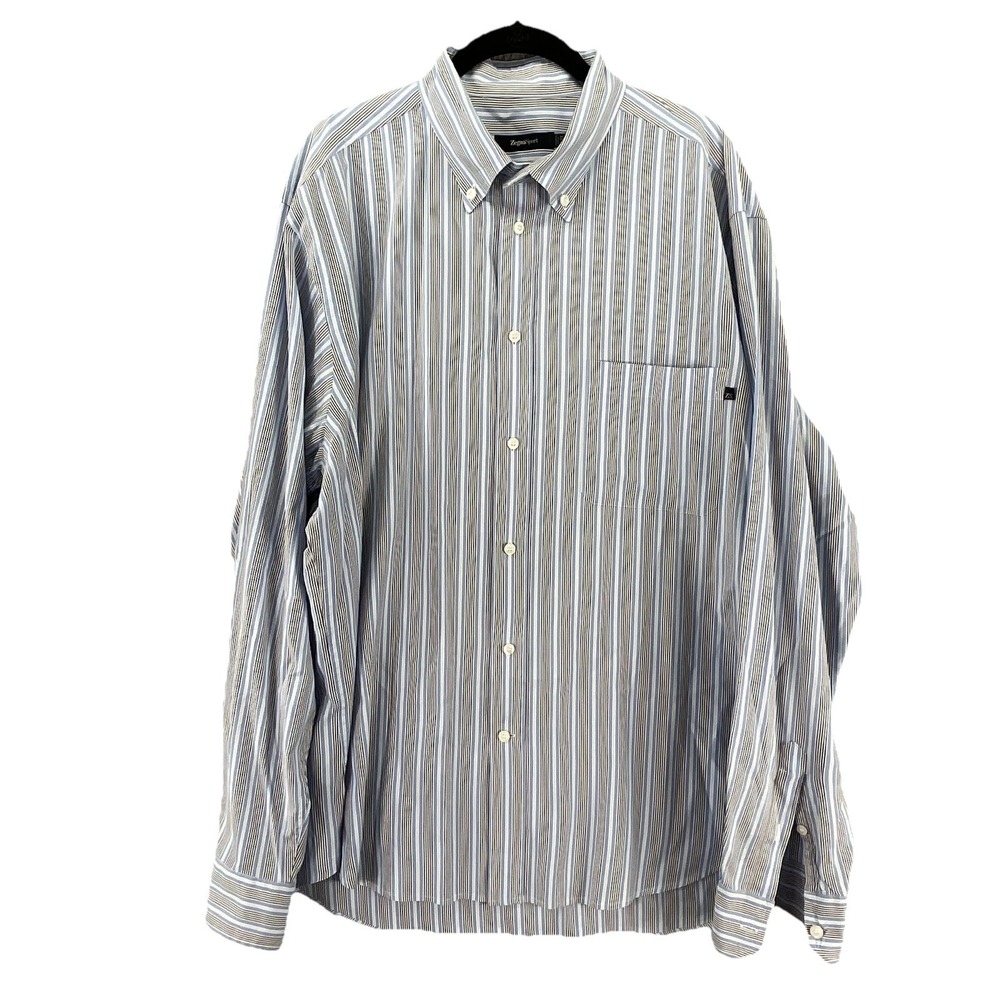 ZegnaSport Shirt Mens Large Blue Striped Button Down Cotton‎ Italy Fits Smaller